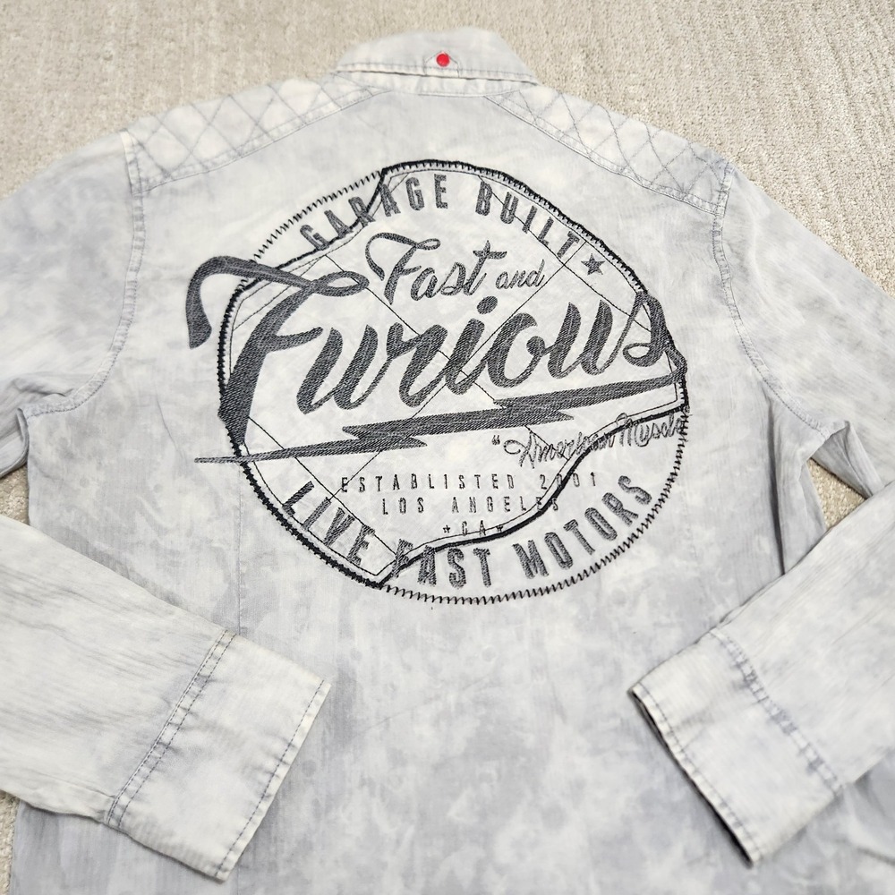 Affliction Fast & Furious shirt Men Medium Button Up Tie Dye Y2K Cars Rockabilly